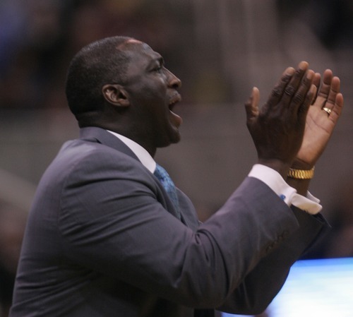 Kim Raff |The Salt Lake Tribune
Utah Jazz head coach Tyrone Corbin reacts during a key play during a game against the New Jersey Nets at Energy Solutions Arena in Salt Lake City, Utah on January 14, 2012.   The Jazz went on to win 107-94.