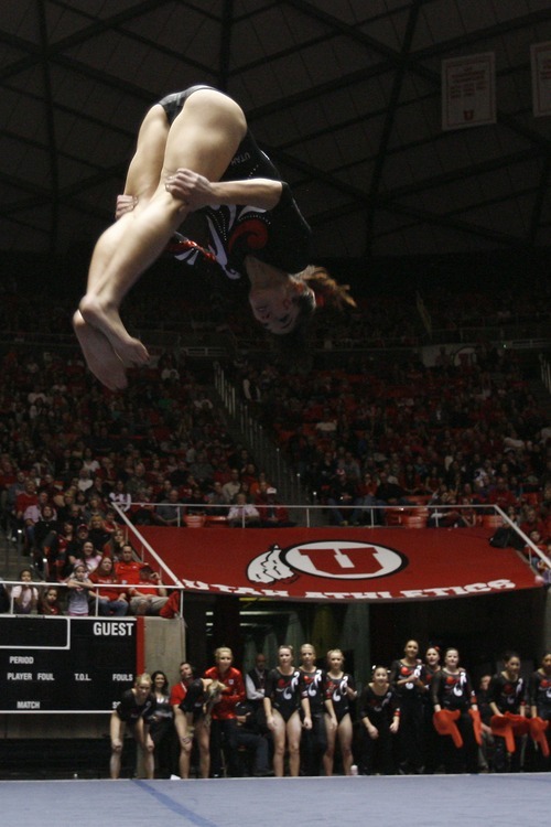 Chris Detrick  |  The Salt Lake Tribune
Nansy Damianova competes on the floor during the gymnastics meet against Utah State at the Huntsman Center Friday January 13, 2012.