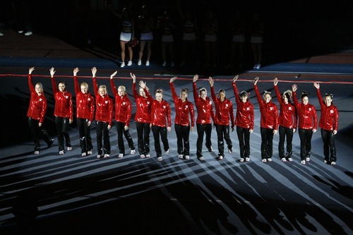 Chris Detrick  |  The Salt Lake Tribune
The Utah Utes gymnastics team is introduced before the gymnastics meet against Utah State at the Huntsman Center Friday January 13, 2012.