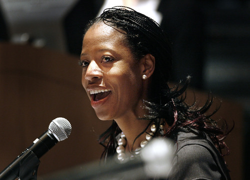 Scott Sommerdorf  |  The Salt Lake Tribune             
Saratoga Springs Mayor Mia Love introduces herself at a training session for women aspiring to get into politics. Later, she was part of a panel discussion - 