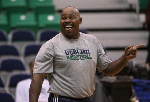 Steve Griffin  |  The Salt Lake Tribune

 Utah assistant coach Sydney Lowe laughs during pre game warm up of the Jazz versus Lakers game at EnergySlutions Arena in Salt Lake City, Utah  Wednesday, January 11, 2012.