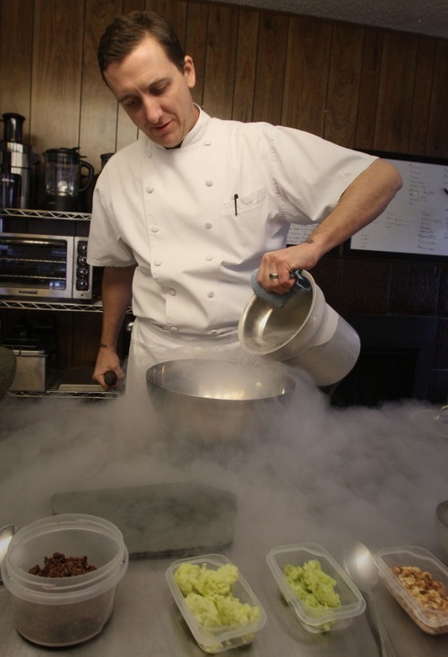Rick Egan  | The Salt Lake Tribune 

Chef Gavin Baker pours liquid nitrogen into a bowl in his test kitchen. The Mist Project, his 