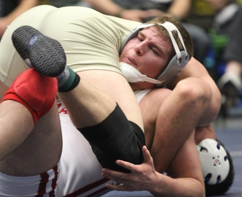 Rick Egan  | The Salt Lake Tribune 

Brandon Fisher, Shadow Ridge (gold) wrestles Ryan Peterson, Delta, (white), in the195 lb division, in The Rocky Mountain Rumble wrestling tournament in Orem, Saturday, January 14, 2012.