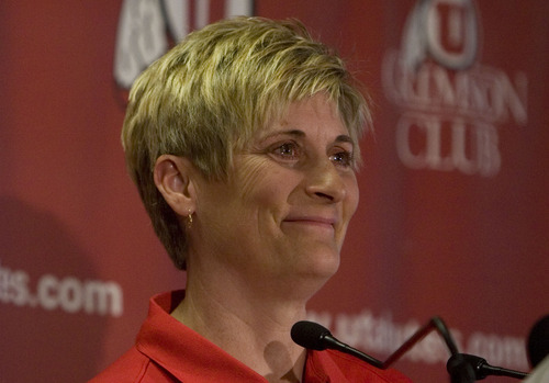Jim Urquhart  |  The Salt Lake Tribune
University of Utah women's basketball coach Elaine Elliott  fights back tears and emotion during a press conference Wednesday, March 31, 2010 at Huntsman Center on the campus of the University of Utah in Salt Lake City. University of Utah women's basketball coach Elaine Elliott announced she will take a one year leave of absence while she considers retirement. 3/31/10