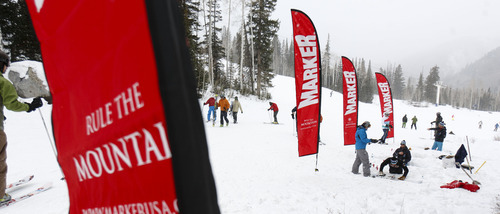 Trent Nelson  |  The Salt Lake Tribune
Skis, snowshoes and other gear were available to try at the Outdoor Retailer All Mountain Demo show at Solitude Mountain Resort Wednesday.