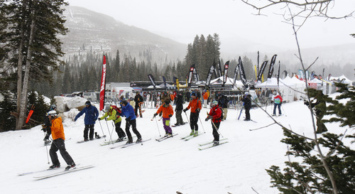 Trent Nelson  |  The Salt Lake Tribune
Skis, snowshoes and other gear were available to try at the Outdoor Retailer All Mountain Demo show at Solitude Mountain Resort Wednesday.