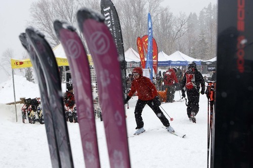 Trent Nelson  |  The Salt Lake Tribune
Mountain Demo Day kicked off the Outdoor Retailer Winter Market trade show Wednesday at Solitude Mountain Resort. Attendees were able to examine and try out the latest in winter sports equipment.