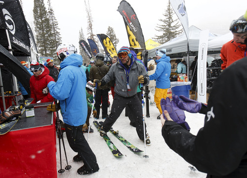 Trent Nelson  |  The Salt Lake Tribune
Skis, snowshoes and other gear was available to try out at the Outdoor Retailer All Mountain Demo at Solitude Mountain Resort Wednesday.