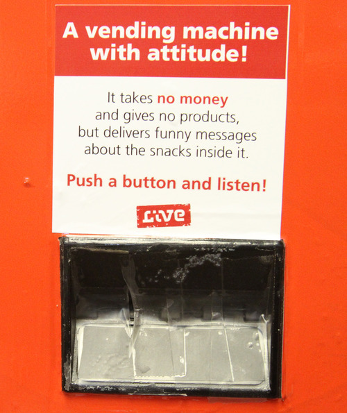 Rick Egan  | The Salt Lake Tribune 

The fake vending machine at Rose Park Elementary, delivers nothing but funny messages, Thursday, January 19, 2012. Intermountain Healthcare is putting the fake vending machine in some schools to help educate children about nutrition.