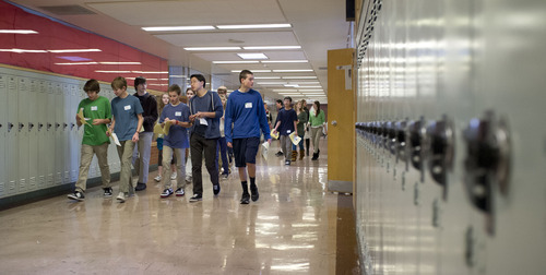 Trent Nelson  |  The Salt Lake Tribune
8th grade students from Hillside Middle School toured classrooms at Highland High School in Salt Lake City, Utah, Tuesday, January 10, 2012. The field trip is a unique approach to make the transition from middle school to high school easier for students and ensures that their 8th graders are better equipped to make wise and useful class choices when registering for high school.