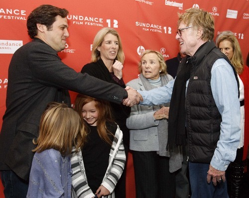 Leah Hogsten | The Salt Lake Tribune  
Ethel Skakel Kennedy (center), her daughter Rory Kennedy and husband Mark Bailey (left), with daughters Bridget Katherine Kennedy-Bailey (left) and Georgia Elizabeth Kennedy-Bailey, greet Robert Redford on Friday, Jan. 20, 2012, prior to the screening of 