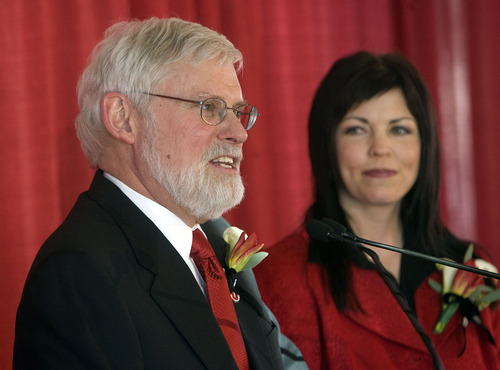 Al Hartmann  |  The Salt Lake Tribune
David Pershing is announced as the new president of the University of Utah at a Utah State Board of Regents meeting at Rice-Eccles Stadium on Friday. His wife, Sandy, is at right.