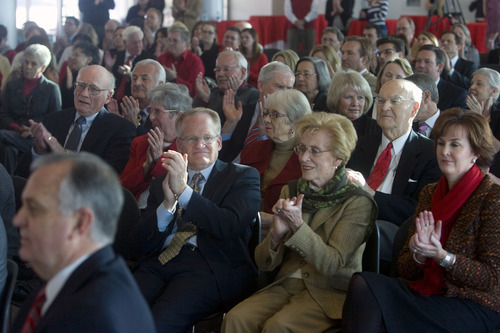 Al Hartmann  |  The Salt Lake Tribune
Guests applaud as David Pershing is announced as the new president of the University of Utah at a Utah State Board of Regents meeting at Rice-Eccles Stadium on Friday.