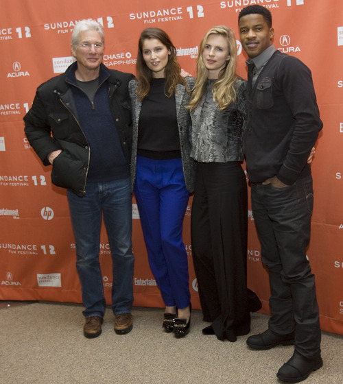 Kim Raff |The Salt Lake Tribune
(from left) Cast members Richard Gere, Laetitia Casta, Brit Marling and Nate Parker pose for pictures on the red carpet before the premiere of 