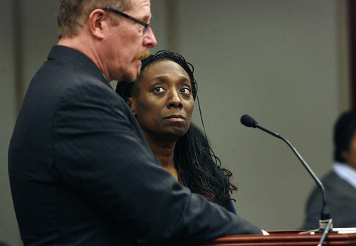 Scott Sommerdorf  |  The Salt Lake Tribune             
Dr. Nicola Irene Riley and her attorney Edwin Wall appeared at a Monday, Jan. 9, hearing in Judge Ann Boyden's court where bail was denied for the doctor charged with homicide after allegedly botching an abortion in Maryland in 2010.