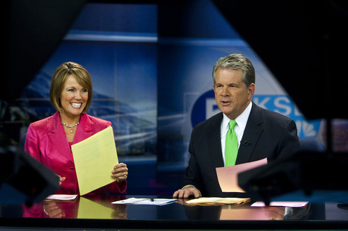 Chris Detrick  |  The Salt Lake Tribune 
Bruce Lindsay and Nadine Wimmer during the KSL 5 Television's Eyewitness News 6 p.m. newscast at the KSL Studio on Aug. 24, 2010.