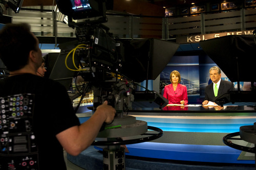 Photo by Chris Detrick  |  The Salt Lake Tribune 
Bruce Lindsay and Nadine Wimmer during the KSL 5 Television's Eyewitness News 6:00pm newscast at the KSL Studio Tuesday August 24, 2010.
