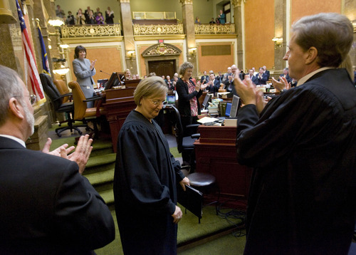 Al Hartmann  |  The Salt Lake Tribune
Utah Supreme Court Chief Justice Christine Durham, center, leaves the House of Representatives after giving State of Judiciary speech to members of the 2012 Legislature on Monday, Jan. 23. She announced she will be stepping down as chief justice.  Justice Matthew Durrant, right, will replace her as chief justice.