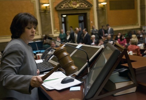 Al Hartmann  |  The Salt Lake Tribune
Speaker of the House Becky Lockhart bangs the gavel to bring the House to order to start the  2012 Utah Legislature Monday January 23.