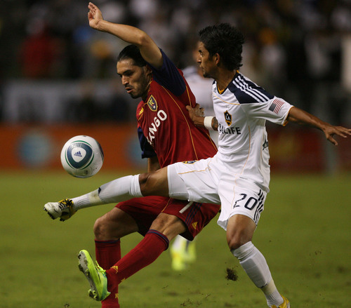 Kim Raff |  The Salt Lake Tribune
Real Salt Lake player Fabian Espindola battles with LA Galaxy player A.J. DeLaGarza during the first half of the Western Conference Championship at The Home Depot Center in Carson, CA on Sunday, November 6, 2011.