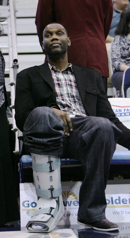 Steve Griffin  |  The Salt Lake Tribune


Utah's Al Jefferson sits on the bench with a walking boot on his right leg during first half action in the JAzz versus Raptors game at EnergySolutions Arena in Salt Lake City, Utah  Wednesday, January 25, 2012.
