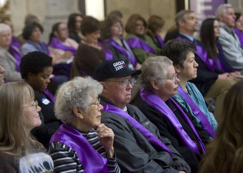 Al Hartmann  |  The Salt Lake Tribune
More than 100 family members, advocates and those impacted by Alzheimer's disease hold a rally at the Utah State Capitol to seek passage of SRJ1, Alzheimer's State Plan Joint Resolution. Utah is the fastest growing state in the prevalence of Alzheimer's disease. This dramatic rise in the number of Alzheimer's cases will impact Utah's economy in the coming years.