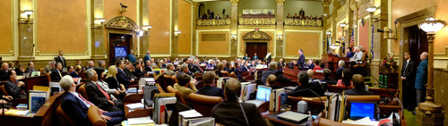 Trent Nelson  |  The Salt Lake Tribune
Utah Governor Gary Herbert delivers the State of the State address in the House Chamber Wednesday, January 25, 2012 in Salt Lake City, Utah. NOTE: This panorama is a composite image.