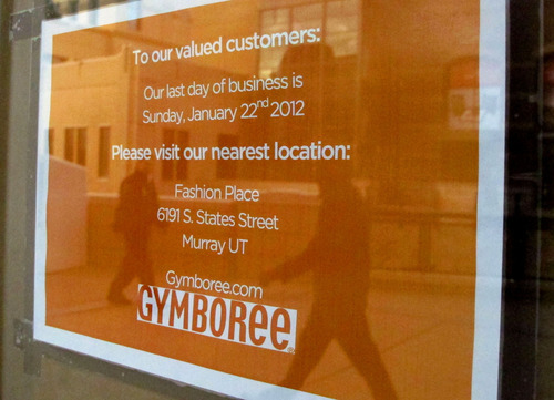 Keith Johnson | The Salt Lake Tribune

A  storefront window at The Gateway mall in Salt Lake City alerts shoppers that Gymboree has closed and its nearest location is at  Fashion Place Mall in Murray.