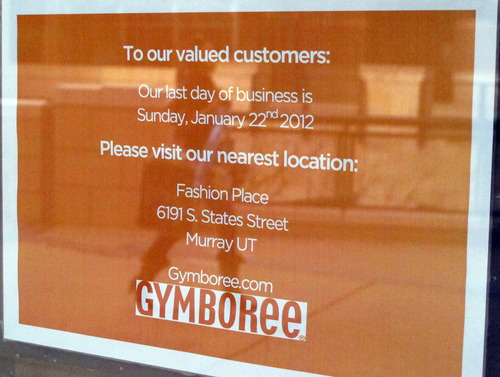 Keith Johnson | The Salt Lake Tribune
A  storefront window at The Gateway mall in Salt Lake City alerts shoppers that Gymboree has closed and its nearest location is at  Fashion Place Mall in Murray.