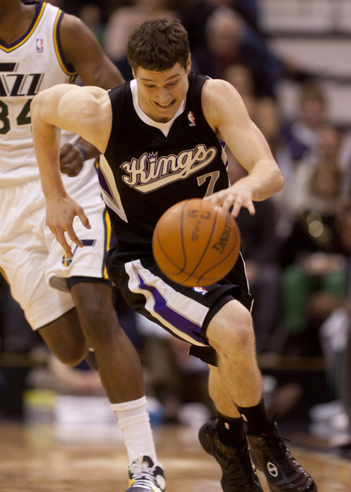 Trent Nelson  |  The Salt Lake Tribune
Sacramento's Jimmer Fredette pushes the ball downcourt after a steal in the first half. Utah Jazz vs. Sacramento Kings, NBA basketball Saturday, January 28, 2012 in Salt Lake City, Utah.