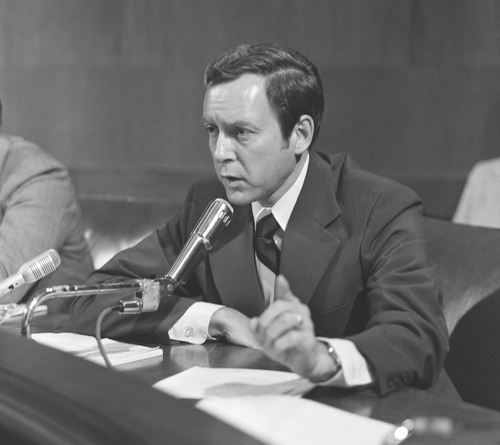 Courtesy of U.S. Senate Historical Office
Sen. Orrin Hatch speaks at one of his first Senate hearings. Right from the start, he was active on labor and judicial issues.