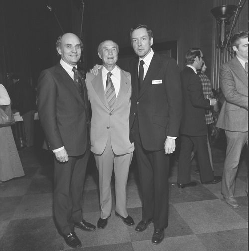 Photo Courtesy of U.S. Senate Historical Office
New Sen. Orrin Hatch, right, poses with Sen. Jake Garn, R-Utah, and Sen. Strom Thurmond, R-S.C., at a reception at the start of 1977.
