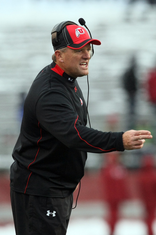 Chris Detrick  |  The Salt Lake Tribune
Utah Utes head coach Kyle Whittingham argues a call during the first half of the game at Martin Stadium at Washington State University Saturday November 19, 2011. The game is tied 7-7.