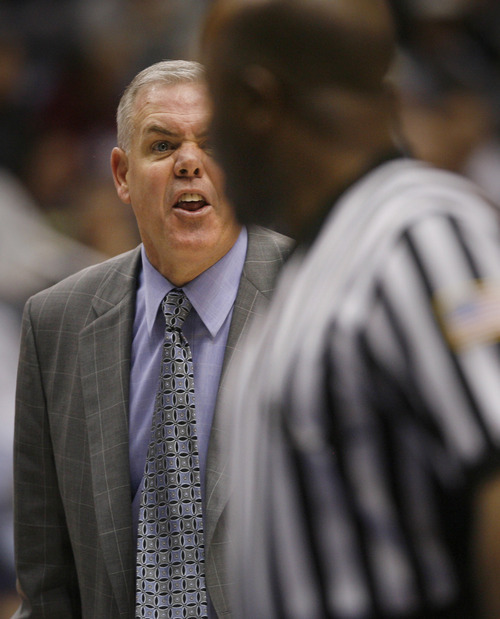 BYU  head coach Dave Rose reacts to a call, in second half of an NCAA college basketball game Saturday Jan. 28, 2012 at the Marriott Center in Provo,  Utah. (AP Photo/The Salt Lake Tribune, Rick Egan)