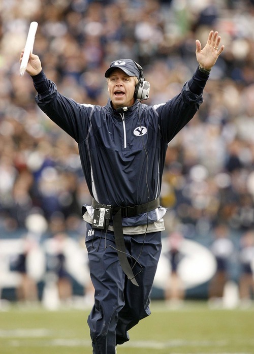 Trent Nelson  |  The Salt Lake Tribune
BYU coach Bronco Mendenhall during the second half, BYU vs. Wyoming, college football Saturday, October 23, 2010 at LaVell Edwards Stadium in Provo. BYU won 25-20.