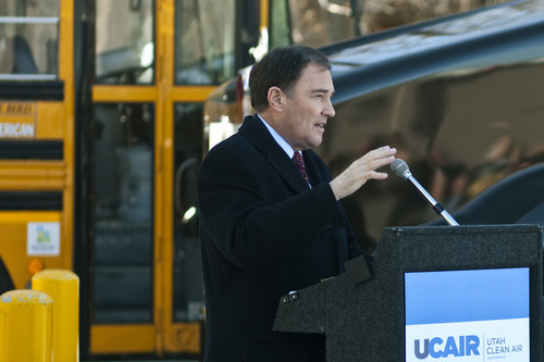 Chris Detrick  |  The Salt Lake Tribune
Utah Gov. Gary Herbert speaks at a Questar CNG Station at 1200 W. 200 South Tuesday, launching his U-CAIR initiative, which invites all Utah households, industries, businesses and local governments to do their part to clean up the air.