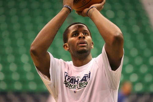 Paul Fraughton | The Salt Lake Tribune.
C.J. Miles warms up prior to the game. The Utah Jazz played Portland at Energy Solutions Arena.
 Monday, January 30, 2012