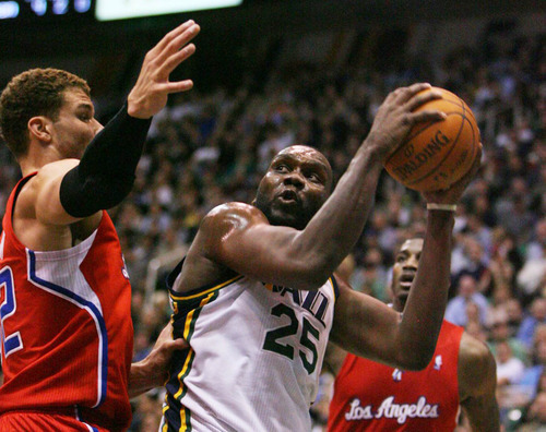 Steve Griffin | The Salt Lake Tribune

Utah's Al Jefferson looks to shoot while being guarded by Clippers forward Blake Griffin during the Jazz home game at EnergySolutions Arena in Salt Lake City, Utah, February 1, 2012.