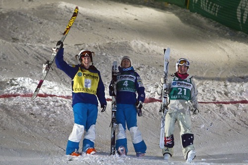 Chris Detrick  |  The Salt Lake Tribune
First, second and third place finishers Hannah Kearney, Heather McPhie and Britteny Cox celebrate after winning the VISA Freestyle International World Cup Mogul Finals at Deer Valley Thursday February 2, 2012.