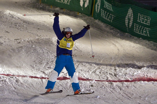 Chris Detrick  |  The Salt Lake Tribune
Hannah Kearney crosses the finish line during the VISA Freestyle International World Cup Mogul Finals at Deer Valley Thursday February 2, 2012. Kearney finished in first place.