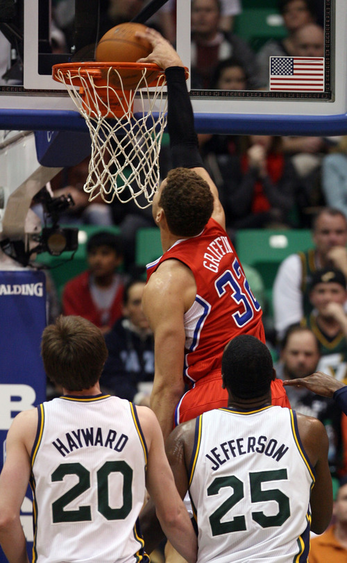 Steve Griffin  |  The Salt Lake Tribune


Blake Griffin. of the Clippers, slams the ball as the Utah defense watches during first half action in the Jazz versus Clippers game at EnergySolutions Arena in Salt Lake City, Utah  Wednesday, February 1, 2012.