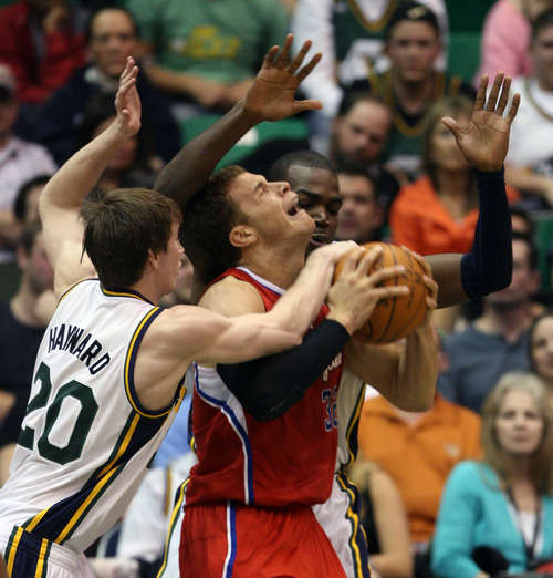 Steve Griffin  |  The Salt Lake Tribune


Utah's Gordon Hayward and Paul Millsap team up on Blake Griffin, of the Clippers, during first half action in the Jazz versus Clippers game at EnergySolutions Arena in Salt Lake City, Utah  Wednesday, February 1, 2012.