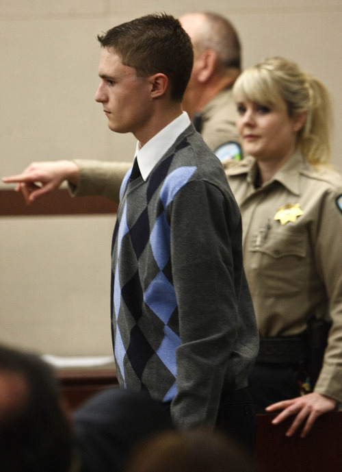 Leah Hogsten  |  The Salt Lake Tribune
Dallin Todd Morgan, the 18-year-old Roy High School student charged with plotting to bomb the school with the help of a 16-year-old co-conspirator and fellow student, appeared before Ogden, Utah's 2nd District Court Judge W. Brent West Wednesday, February 1, 2012.  Police say the teens, both Roy High seniors, had planned to set off a bomb during a school assembly, then steal an airplane and fly to another country.
