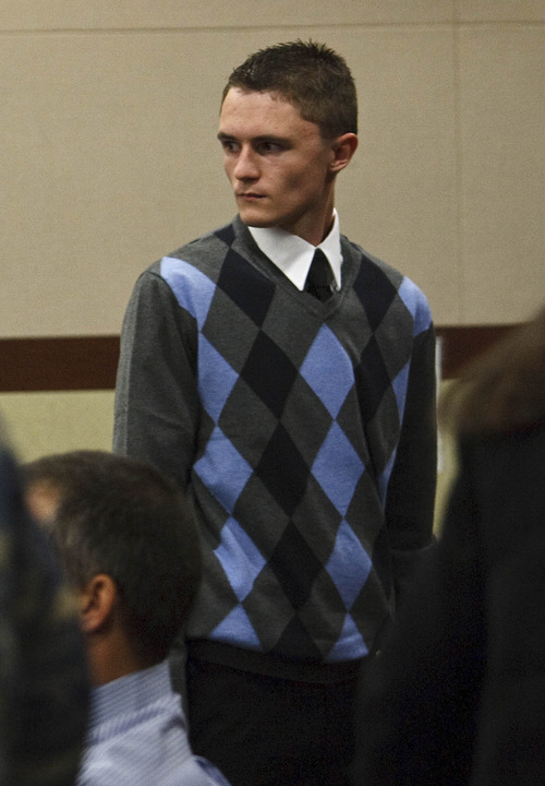 Leah Hogsten  |  The Salt Lake Tribune
Dallin Todd Morgan, the 18-year-old Roy High School student charged with plotting to bomb the school with the help of a 16-year-old co-conspirator and fellow student, appeared before Ogden, Utah's 2nd District Court Judge W. Brent West Wednesday, Feb. 1, 2012.  Police say the teens, both Roy High seniors, had planned to set off a bomb during a school assembly, then steal an airplane and fly to another country.