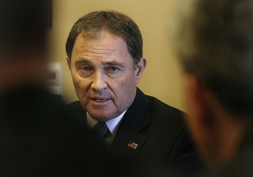Scott Sommerdorf  |  The Salt Lake Tribune             
Utah Governor Gary R. Herbert speaks during a press conference, Thursday February 2, 2012. He spoke about the future of Hill AFB among other things.