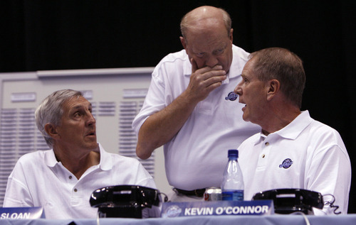 Rick Egan  |  The Salt Lake Tribune

Utah Jazz coach Jerry Sloan, owner Larry H. Miller and Jazz Vice President of basketball operations Kevin O'Connor discuss their options in the final moments of the 2006 NBA draft.
