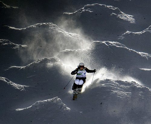 Steve Griffin  |  Tribune file photo
USA's Hannah Kearney carves through giant moguls during training runs at Deer Valley in advance of the 2011 FIS Freestyle World Championships. This year's competition, which began Wednesday, continues Friday and Saturday at Deer Valley.