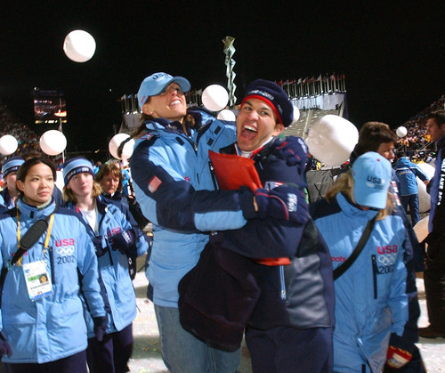 Tribune file photo
Ten years later, speedskater Derek Parra, pictured here with Cammi Granato during the Closing Ceremonies, can still remember every detail of his gold-medal-winning performance at the 2002 Salt Lake Olympics.