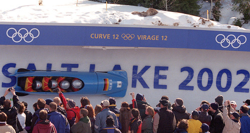 Grayson West |  Tribune file photo
The German team of Andre Lange takes their third run of the four-man bobsled at the Utah Olympic Park during the 2002 Games. Team Germany won the gold medal.