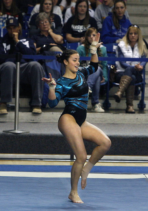 Scott Sommerdorf  |  The Salt Lake Tribune             
BYU's Sarah Yandow during her floor exercise routine as Boise State defeated BYU 195.750 to 194.750 in women's gymnastics, Saturday February 4, 2012. Yandow scored a 9.775 on the routine.